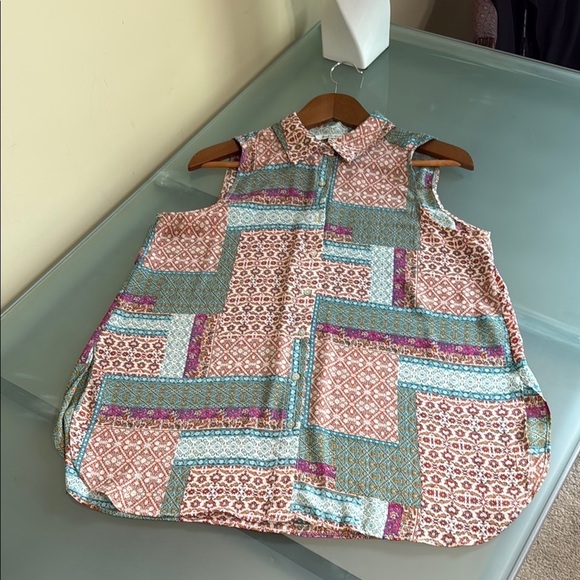 Rose + Olive Shirt Boho Patchwork Print Sleeveless Button Down Blouse Size M - Picture 5 of 8